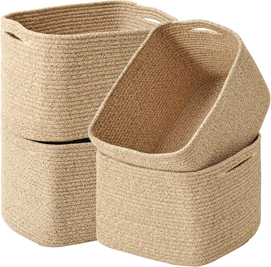Storage Baskets for Organizing & Shelves, Woven Cotton Rope Organization Bins for Dog Toys, Clothes, Books, Nursery Organizer, 15" Lx11''Wx9.5''H, (4 Packs) Brown