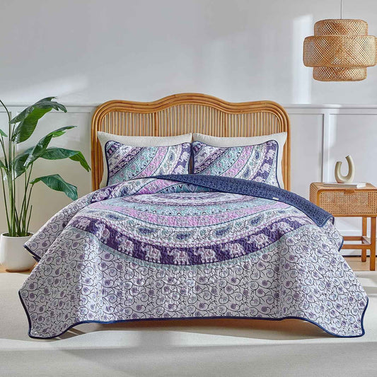 Boho Quilt Set King Size - Reversible Summer Bohemian Quilt Bedding Set, 3 Pieces Colorful Lightweight Microfiber Bedspread Purple Elephant Paisley Circle Coverlet Set with Pillow Shams for Hot Day