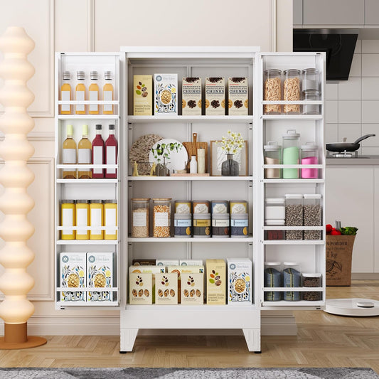 51" Kitchen Pantry Cabinet, Metal Storage Cabinet with 3 Adjustable Layer Shelves, 8 Door Shelves, Buffet Sideboard for Living Room, Kitchen, White