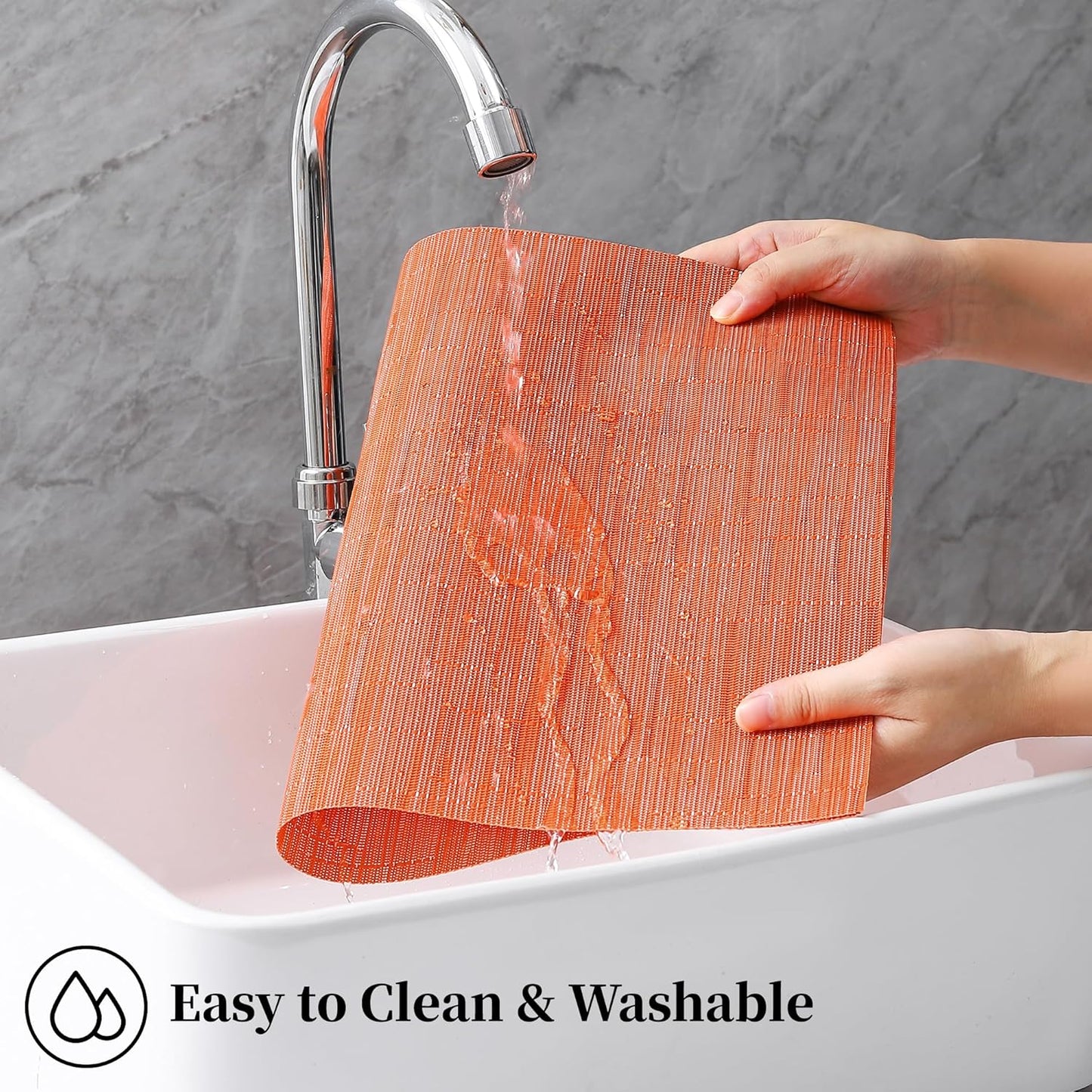 Leetaltree Orange Placemats Set of 8 - Heat Resistant Non-Slip Place mats for Dining Table, Washable Durable PVC Vinyl Woven Table Mats（Orange, 8）