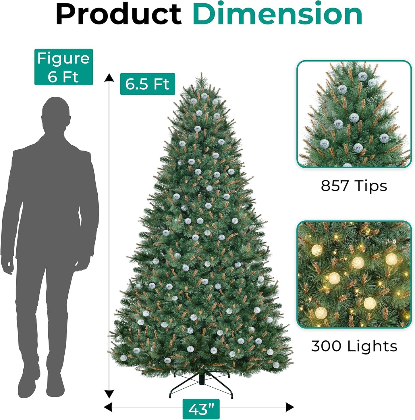 Selena 6.5ft Prelit Artificial Christmas Tree with 857 Branch Tips, 300 Warm Lights and Metal Stand, 43" Wide Realistic Withered Christmas Tree with Lights by Naomi Home