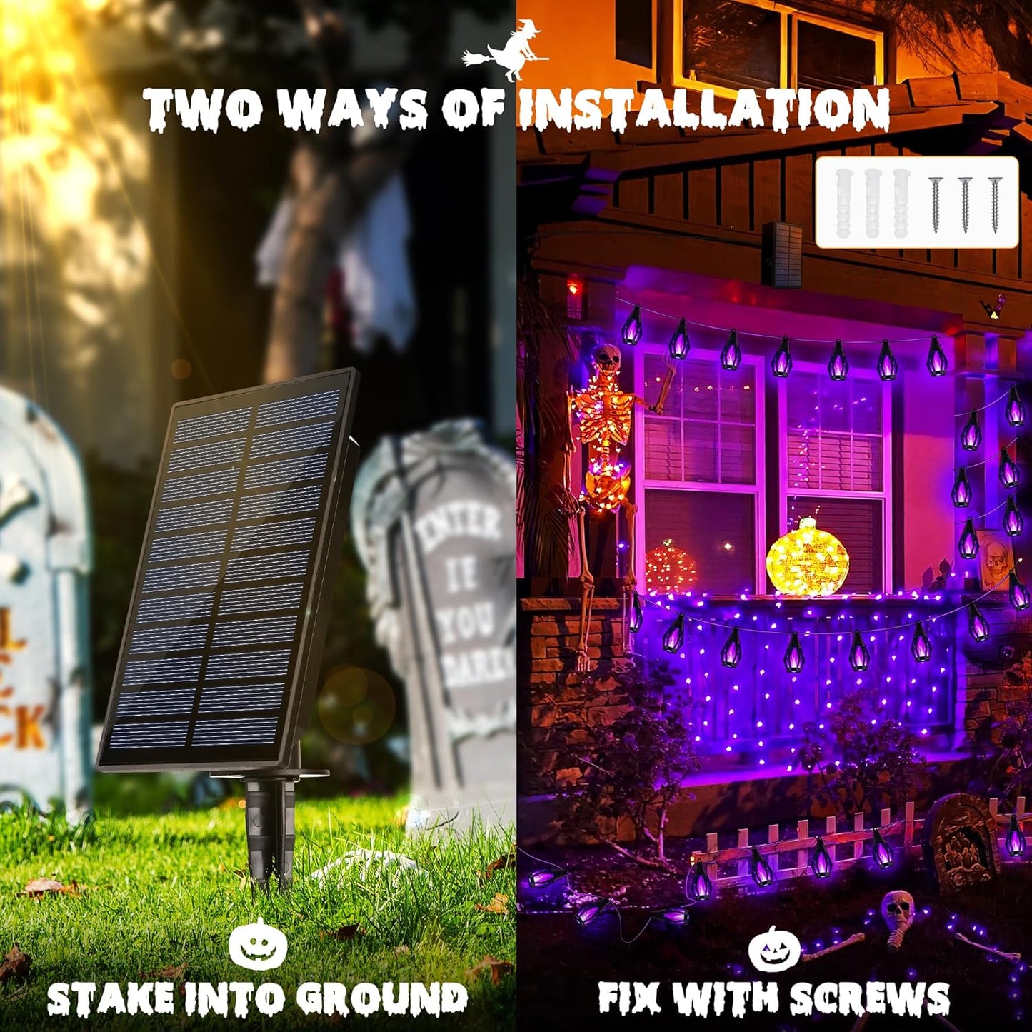 iBaycon Solar Halloween Lights, 27Ft 10 LED Bulbs Flickering Flame String Light, Outdoor Waterproof Solar Flame Lights for Garden Yard Patio Halloween Decorations (Purple)