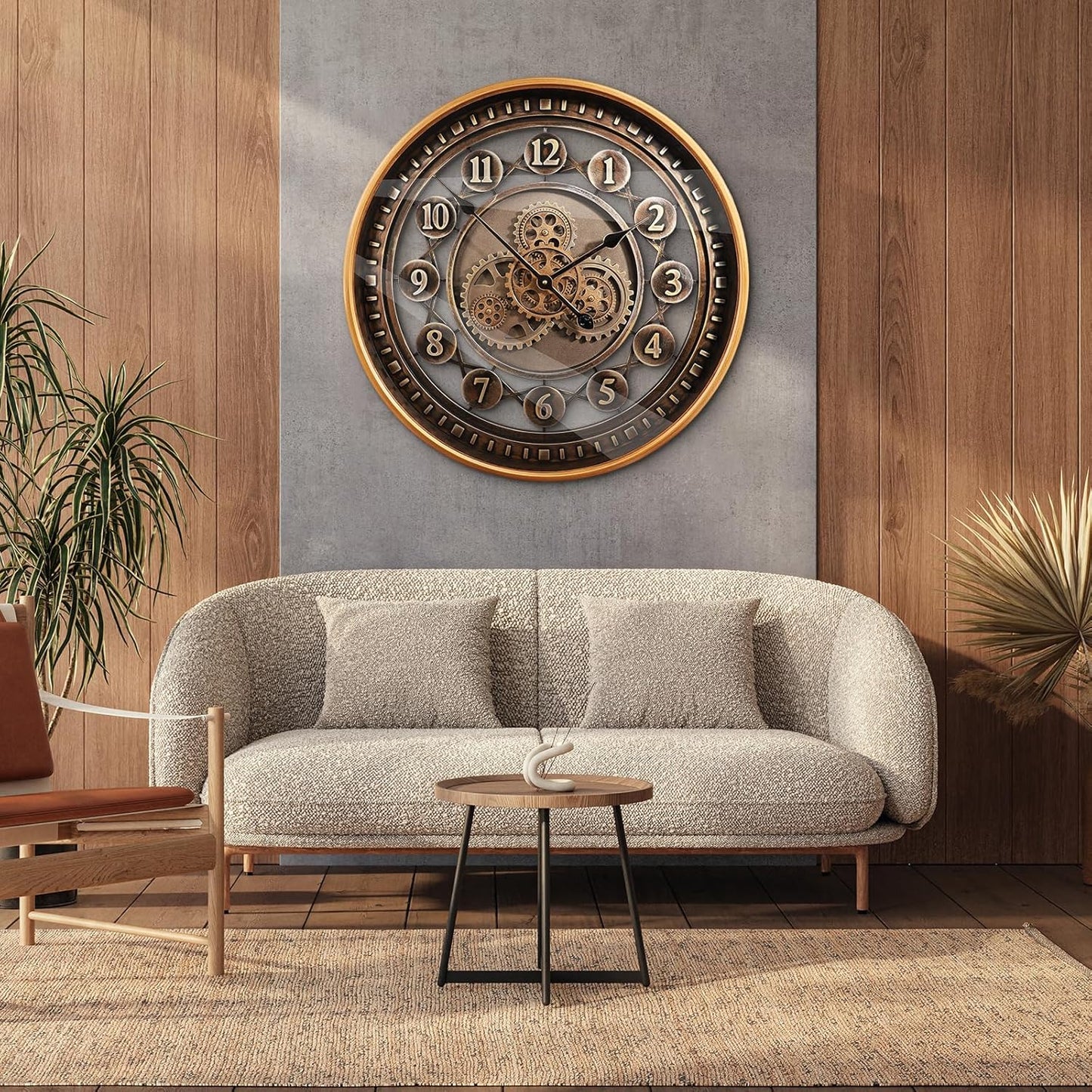 24 Inch Wall Clock with Moving Gears Large Industrial Steampunk Metal Clock Antique Gold Oversized Farmhouse Decor Wall Clock for Living Room Home Office(Bronze Brown-Arabic Numerals)