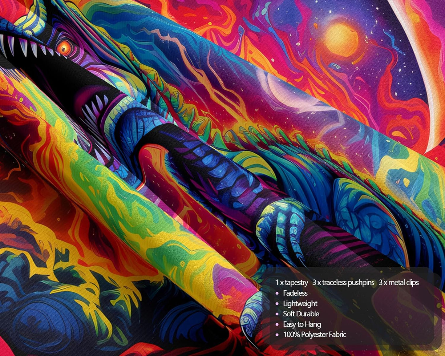 Dinosaur Wall Art, Blacklight Posters for Boys Room, UV Tapestry for Bedroom, Trippy Kids Wall Hanging, Dino Wall Decor (29x37in)