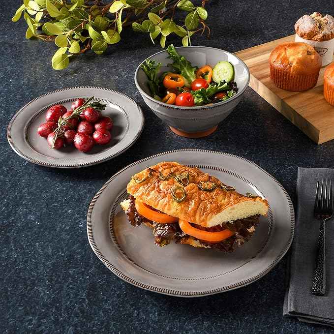 Gibson Elite Terranea Round Reactive Glaze Terra Cotta Dinnerware Set, Service for Four (12pcs), Grey