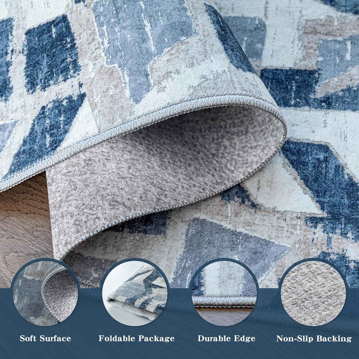 Blue 5X7 Area Rugs for Living Room Bedroom,Modern Abstract Large Carpet Washable Rugs 5X7 for Dining Room Office,Non Slip Print Faux Wool Thin 5 by 7 Indoor Nursery Kids Home Pet & Child Friendly