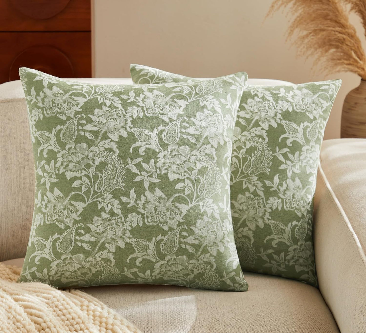 Floral Jacquard Throw Pillow Covers Set of 2, Background/Green 22x22 Inch, Farmhouse Decorative Cotton Sage Green Cushion Covers for Sofa Bed Living Room Home Decor
