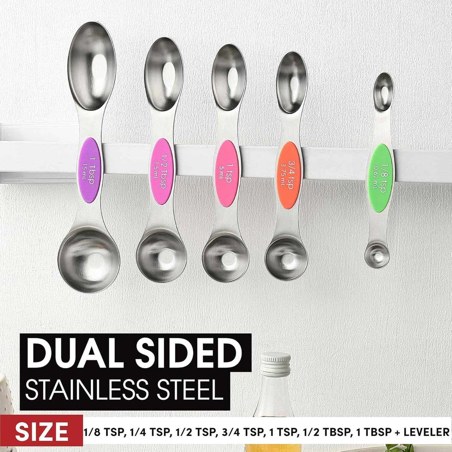 Spring Chef Stainless Steel Magnetic Measuring Spoons Set of 8 with Leveler, Nesting Metal Teaspoon & Tablespoon Measuring Spoons, Kitchen Gadgets for Baking & Cooking, Fits in Most Spice Jars - Neon
