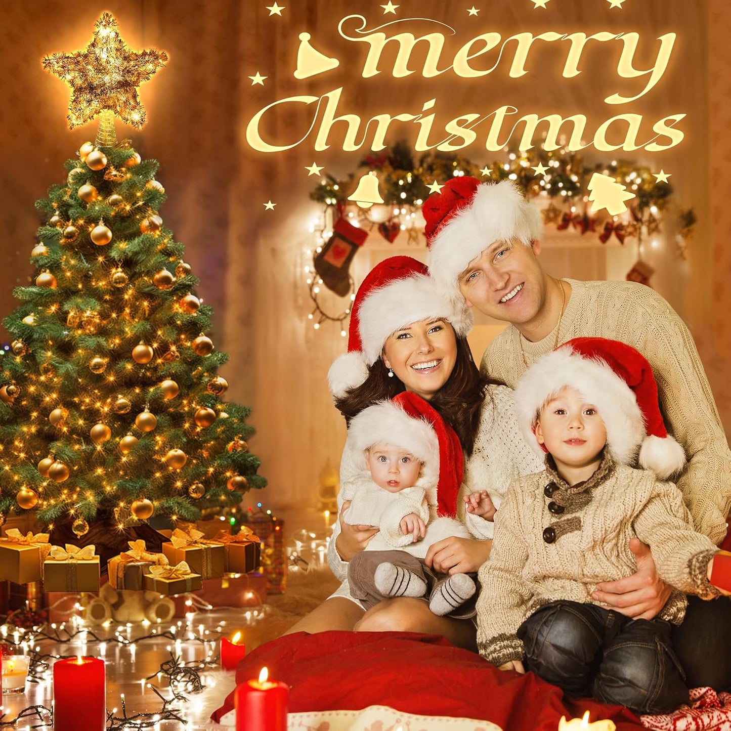 LAWOHO Christmas Tree Topper Star, Vintage Christmas Decor, 10 Inch Shiny Golden Christmas Tree Decoration with 6H Timer, 50 Warm LED Lights for Xmas Tree, Holiday & Party, Indoor Decor