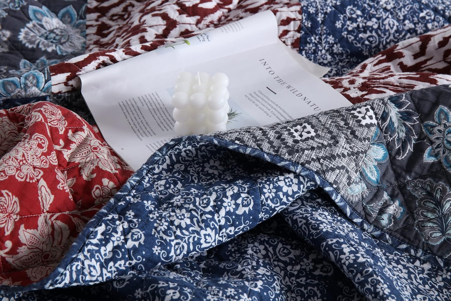 Yvooxny Quilts King Size Bedspread Quilt Set Lightweight Reversible Coverlet Set Real Patchwork Quilted Bedding Set for All Seasons, Bohemian Floral Style, King Size