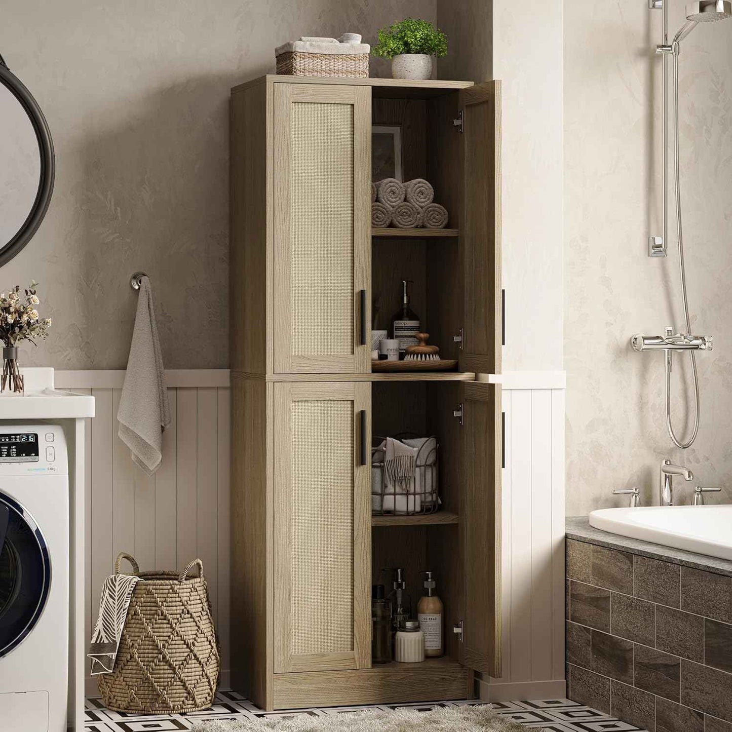 Pantry - Kitchen Pantry Cabinet, Tall Storage Rattan Cabinet with 4 Doors and Adjustable Shelves, Linen Closet Freestanding Cupboard for Dining Room Living Room, Laundry, Bathroom