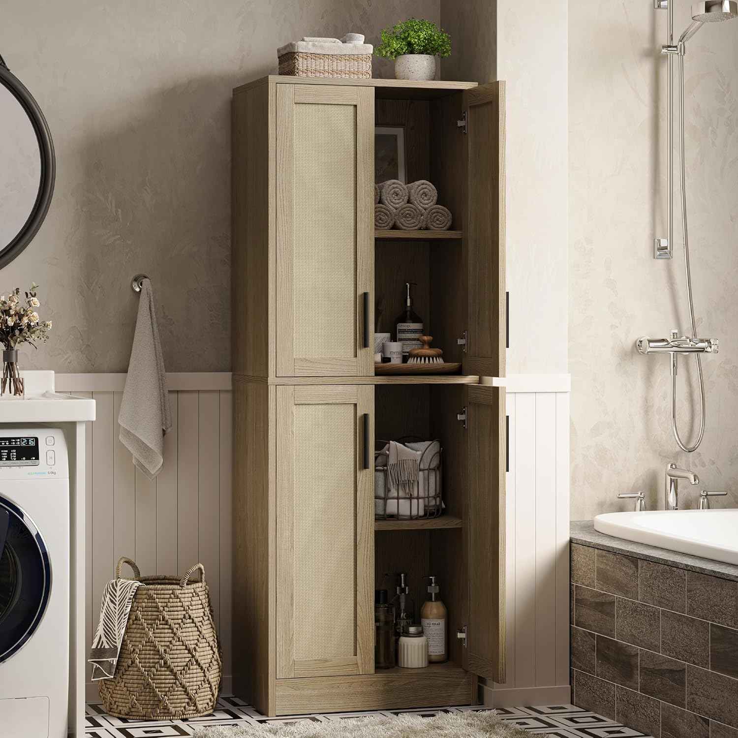 Pantry - Kitchen Pantry Cabinet, Tall Storage Rattan Cabinet with 4 Doors and Adjustable Shelves, Linen Closet Freestanding Cupboard for Dining Room Living Room, Laundry, Bathroom