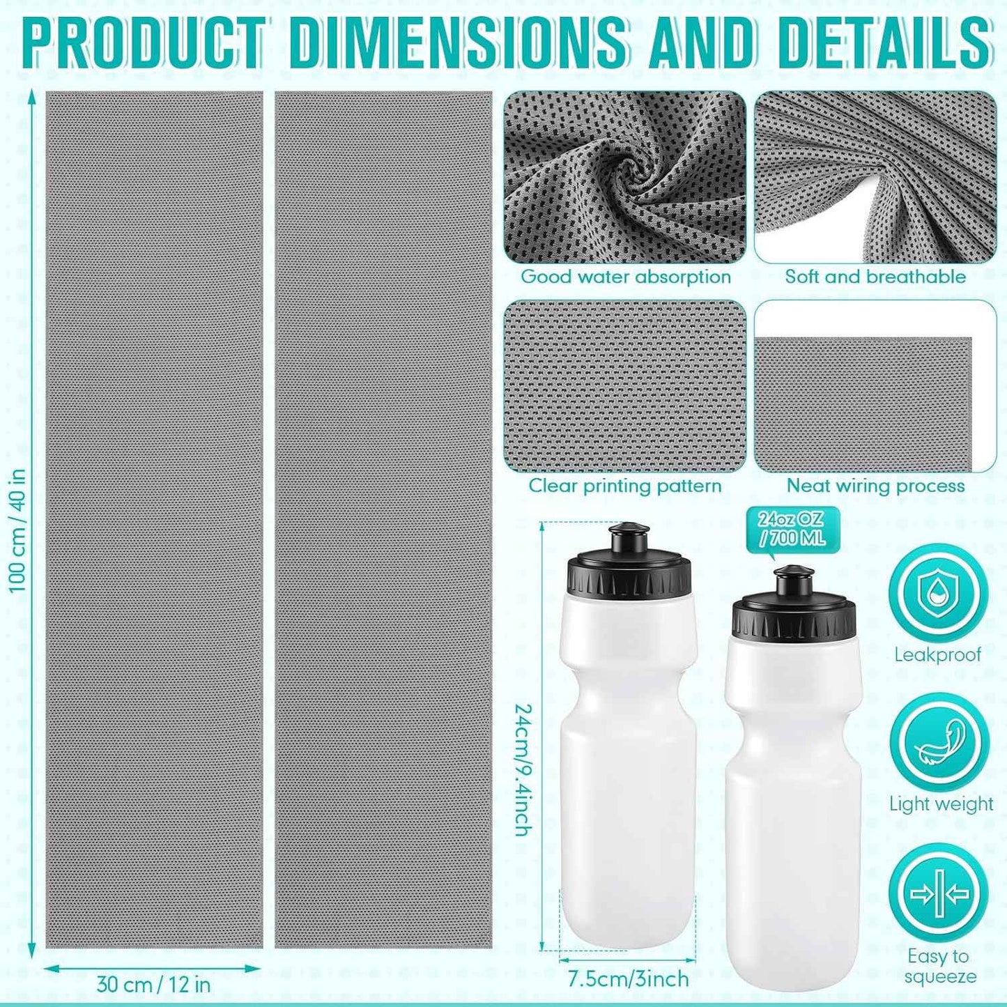 24 Pcs Sports Team Gift Sets Bulk with 12 Pcs 24oz Sports Squeeze Water Bottles 12 Cooling Towels Microfiber Breathable for Soccer Baseball Football Basketball Teams Coaches(Gray Towel)