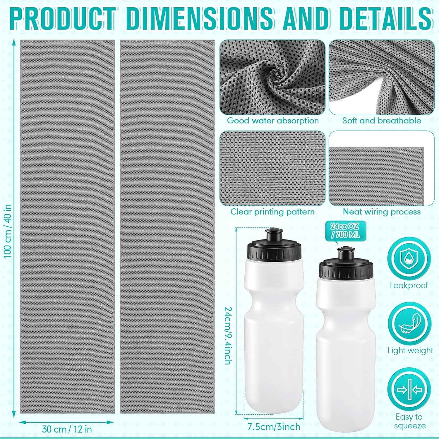 24 Pcs Sports Team Gift Sets Bulk with 12 Pcs 24oz Sports Squeeze Water Bottles 12 Cooling Towels Microfiber Breathable for Soccer Baseball Football Basketball Teams Coaches(Gray Towel)