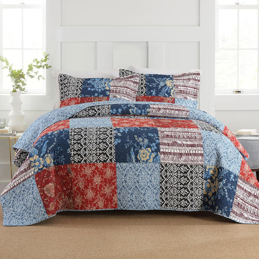 Secgo Queen Comforter Set for Bed - 100% Cotton Quilts Queen Size, Black Bedspreads (90 * 98 Inch) with 2 Pillow Shams, Patchwork Reversible Lightweight Bedding