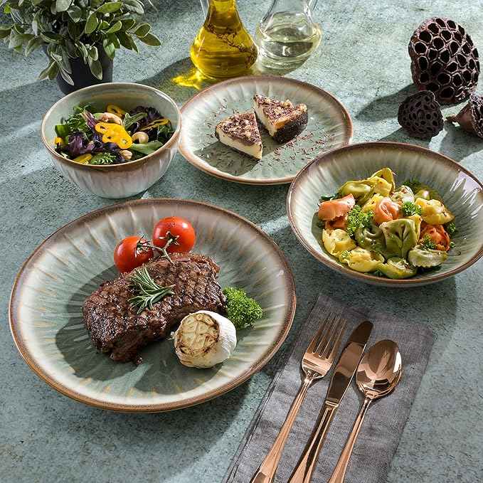 Gibson Elite Mayfair Bay 16-Piece Embossed Double Bowl Dinnerware Set, Service for 4 – Green Stoneware Plates and Bowls