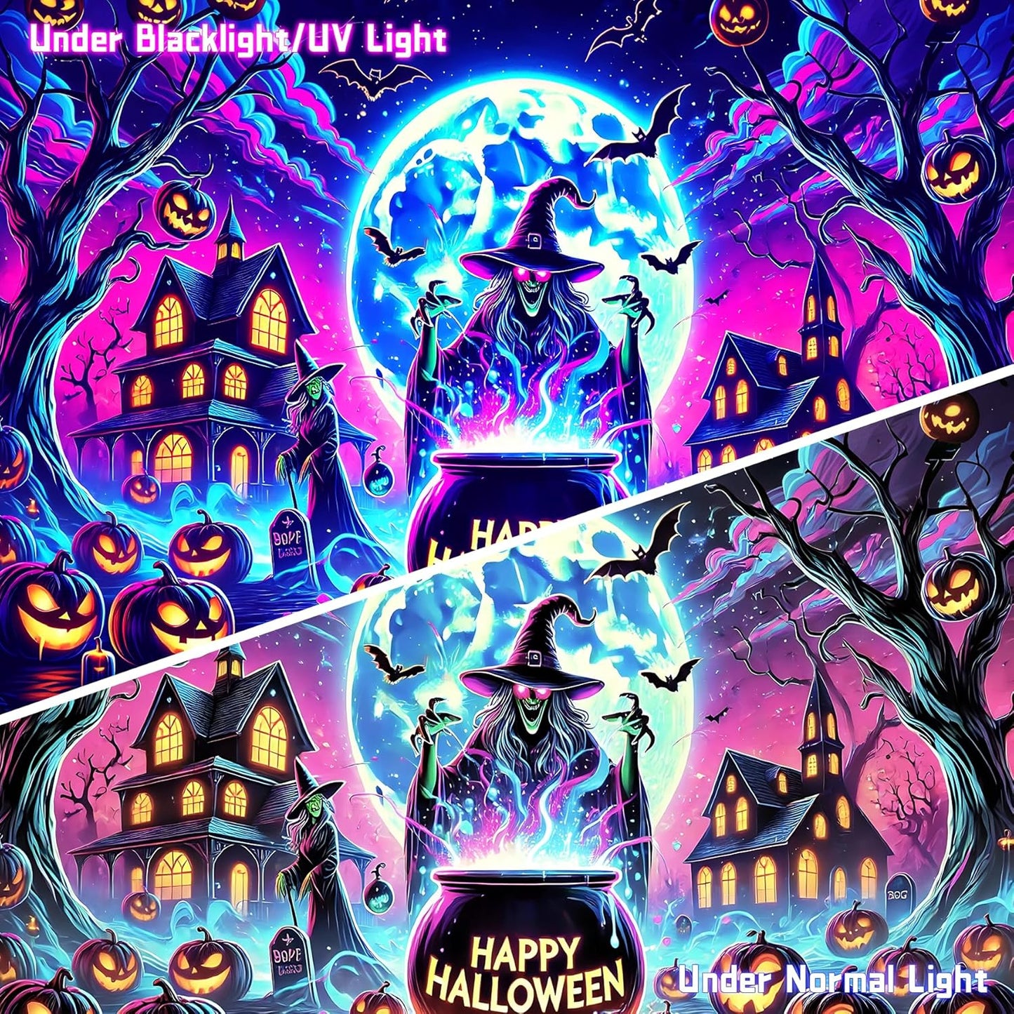 AOHMPT Glow-in-the-Dark Halloween Tapestry - UV Reactive Black Light Wall Hanging Decor for Spooky Parties, Bedroom, Living Room (Witch-Haunted House, 79L x 59W, Unframed)