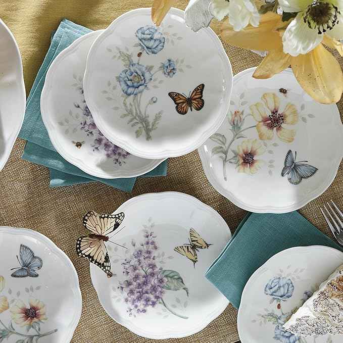 Lenox Dinnerware Set, Butterfly Meadow 6-Piece Tidbit Plate Set, Service For 6, Durable Porcelain Appetizer Plates, Dishwasher And Microwave Safe, Ceramic Plates, Salad Plate (Assorted, 6 Piece)