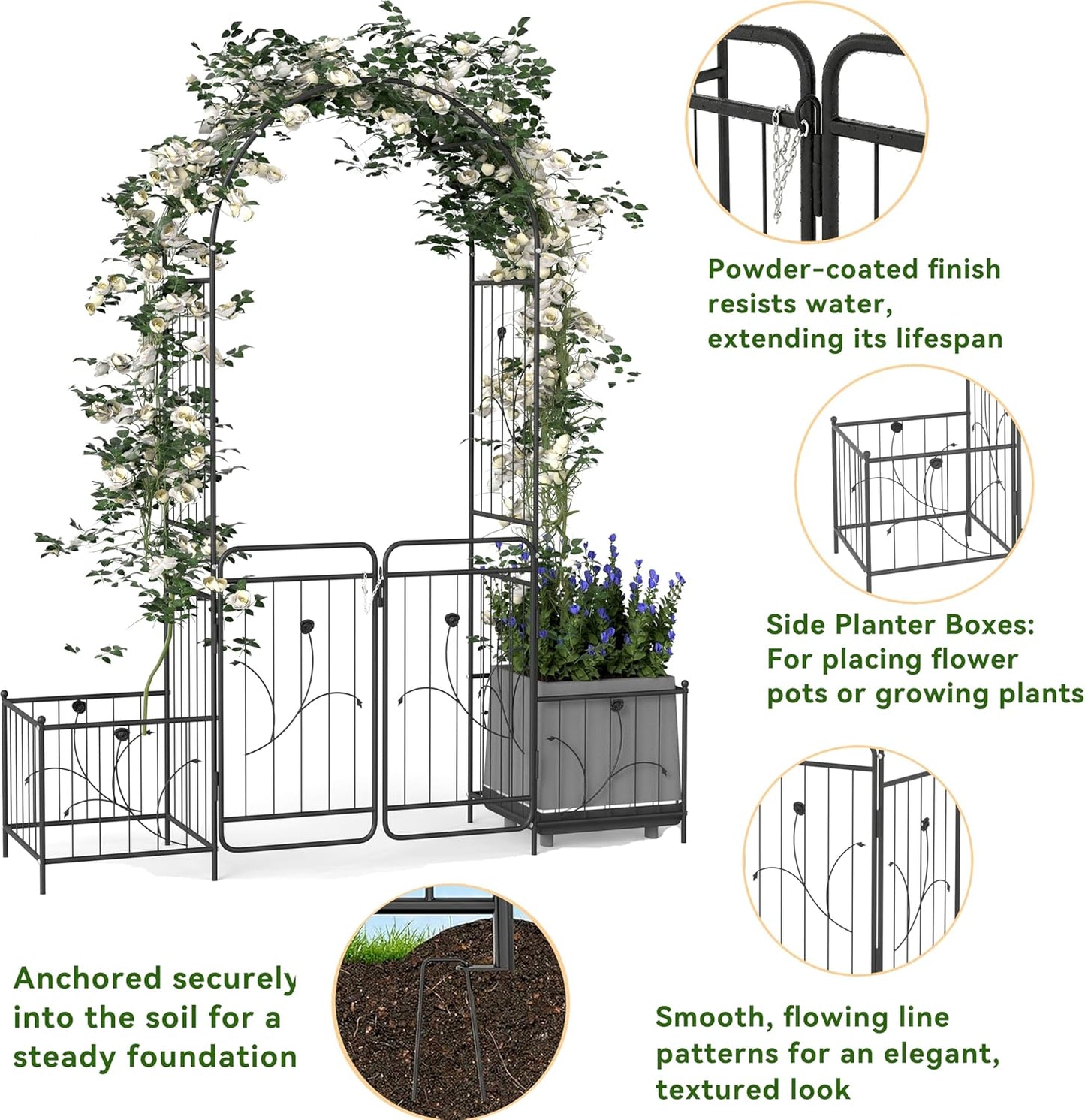86.6" H Metal Garden Arbor with Gate & Planter Boxes, Black Arch Trellis for Climbing Plants Roses Vines, Outdoor Wedding Archway for Lawn Patio Backyard