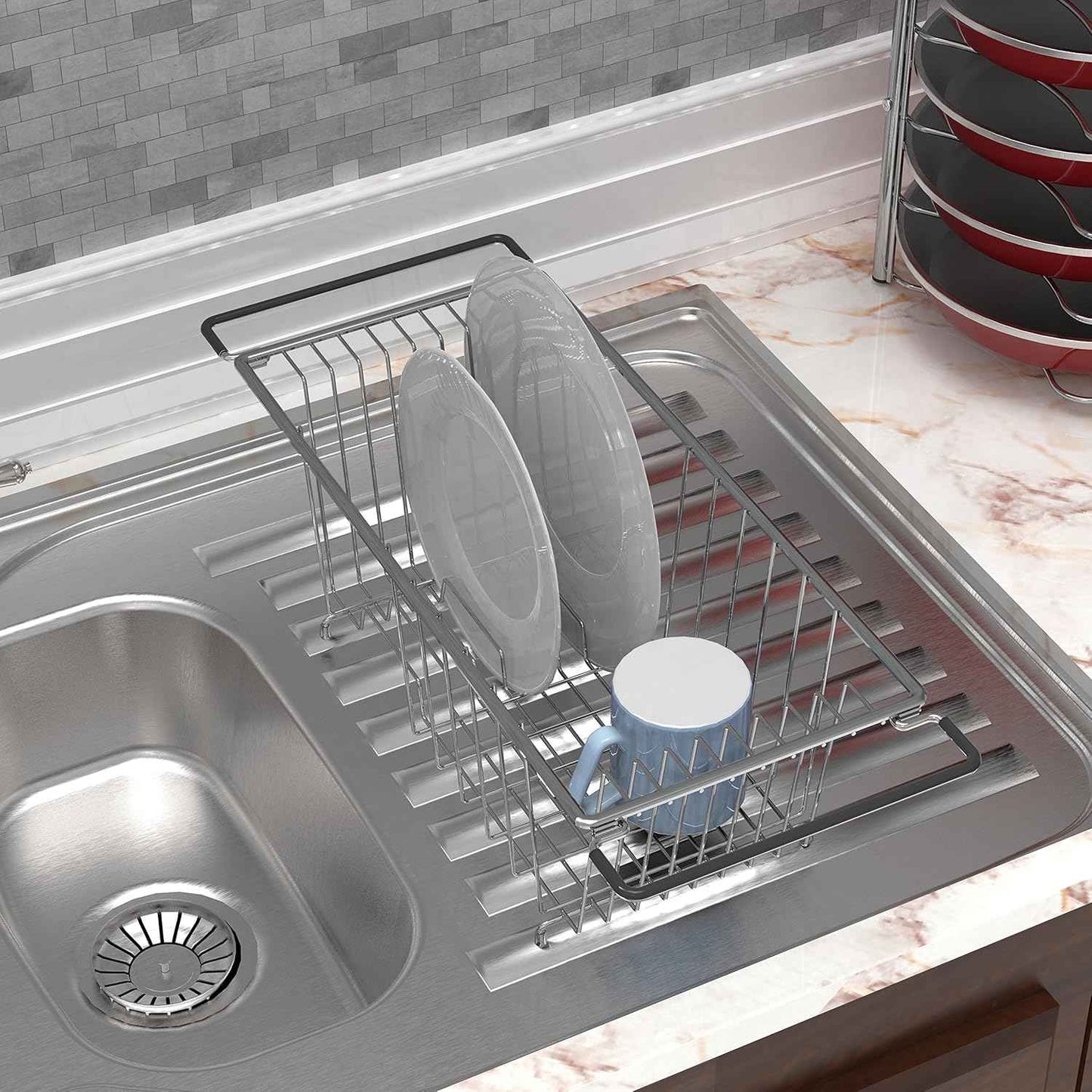 Simple Houseware Over Sink Counter Top Stainless Steel Dish Drainer Drying Rack, Chrome