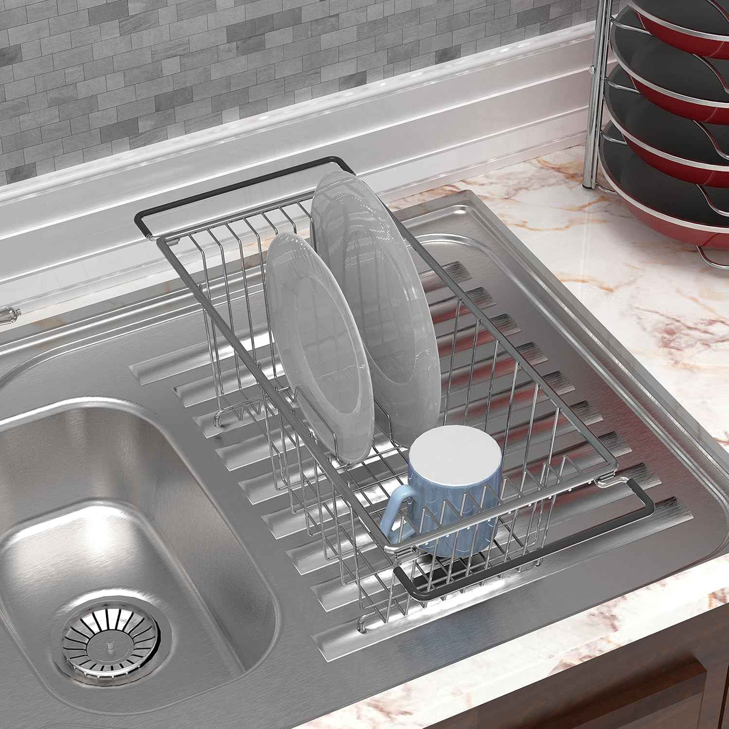 Simple Houseware Over Sink Counter Top Stainless Steel Dish Drainer Drying Rack, Chrome