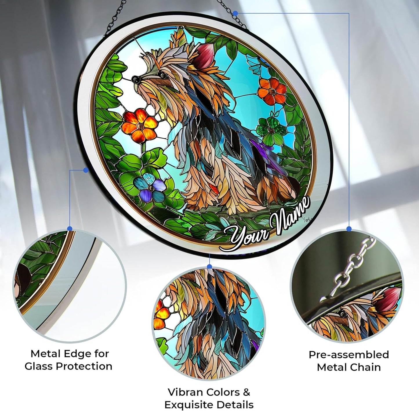Customized Yorkie Stained Glass Suncather Window Hangings, Suncatchers Glass Panel Sun Catchers Gifts Home Decor Garden Christmas Halloween Wedding