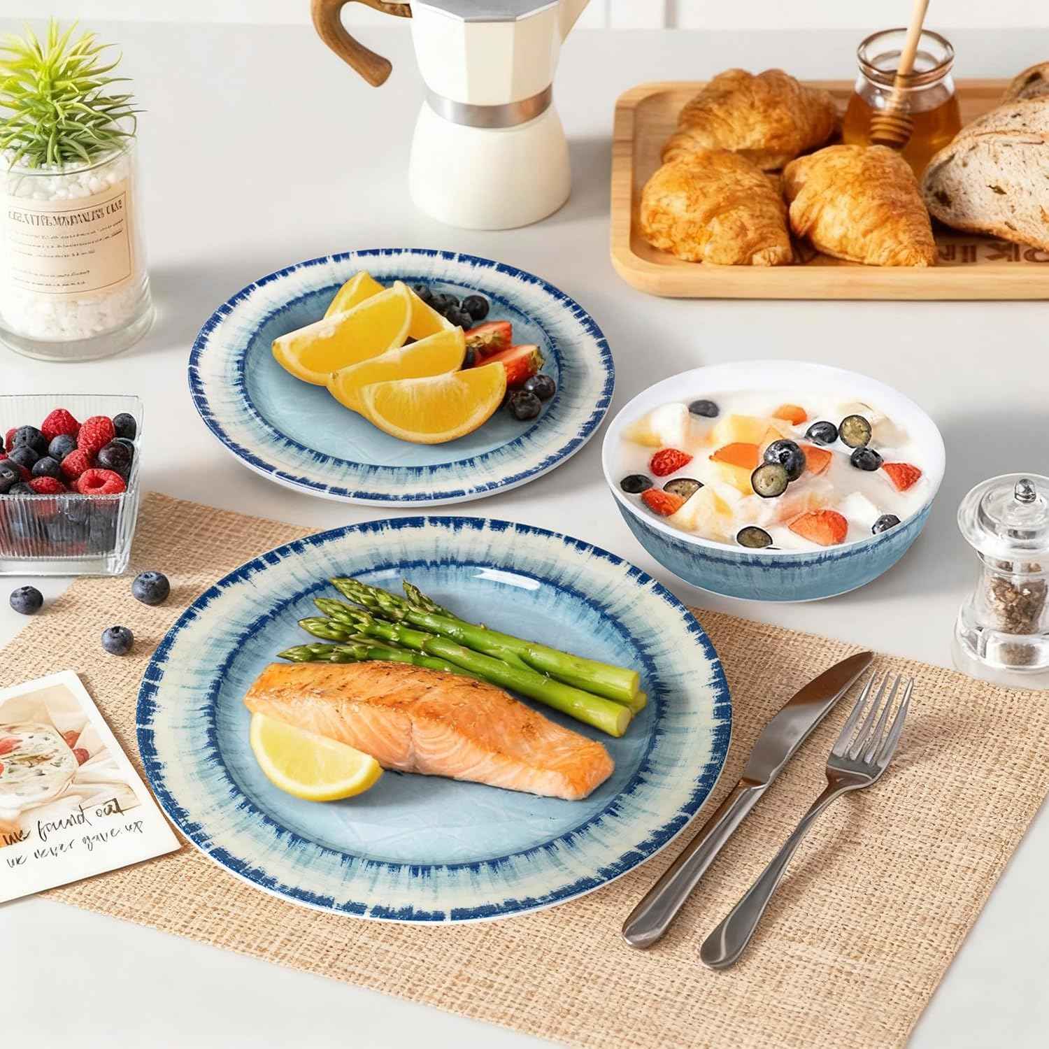 AELS Melamine Dinnerware Set of 12 Pcs Dinner Dishes Set for Indoor and Outdoor Use, Dishwasher Safe, Lightweight Unbreakable, BPA Free, Light Blue