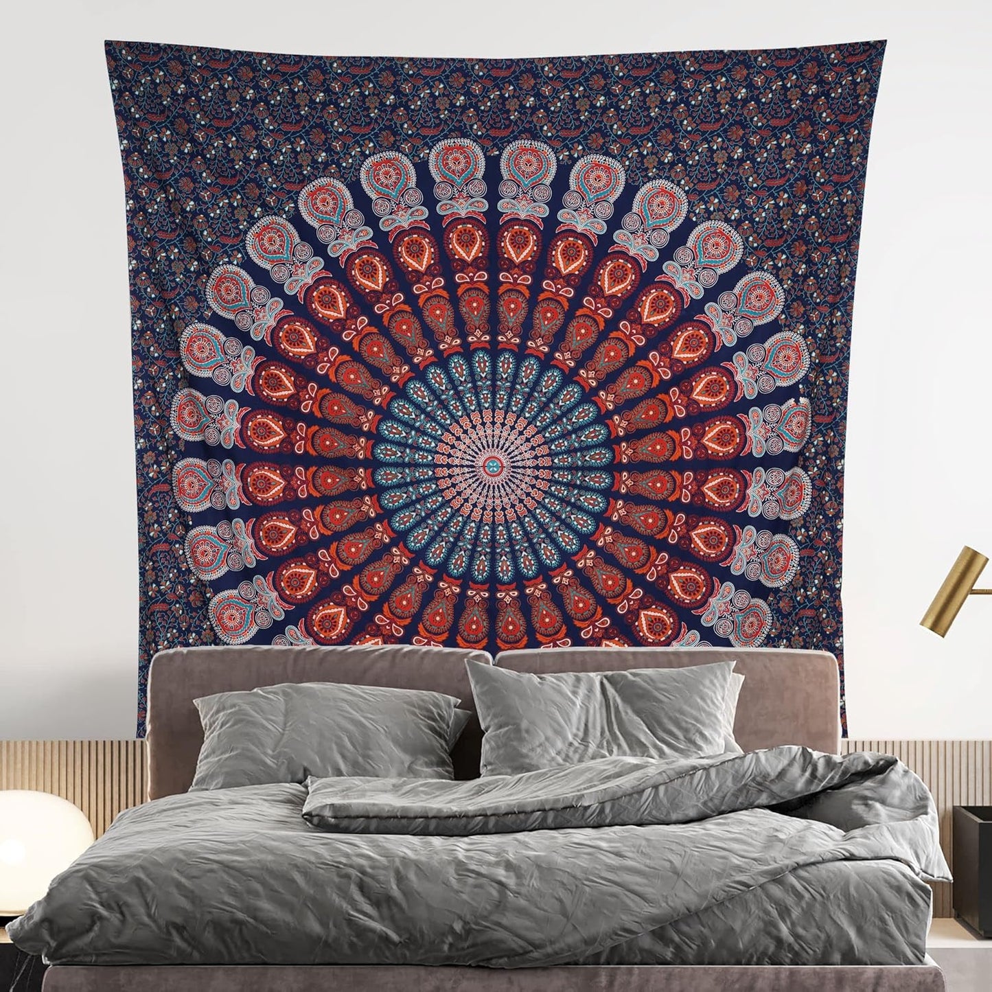 Bless International Handmade Indian hippie Bohemian Psychedelic Peacock Mandala Wall hanging College Dorm Beach Throws Table Cloth Bedding Tapestry (Golden Blue White, King(88x104Inches)(225x265Cms))
