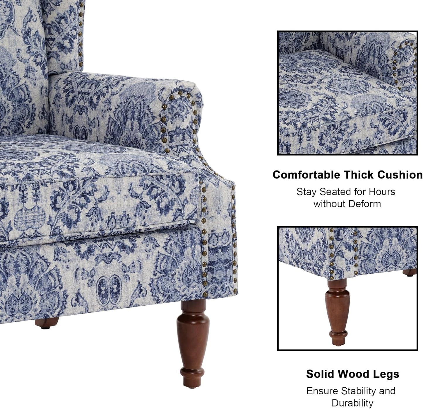 Floral High Back Accent Chair, Upholstered Armchair with Solid Wood Legs, Comfy Wingback Reading Single Sofa Chair for Small Spaces, Living Room, Bedroom(Floral Navy Blue, Set of 1)