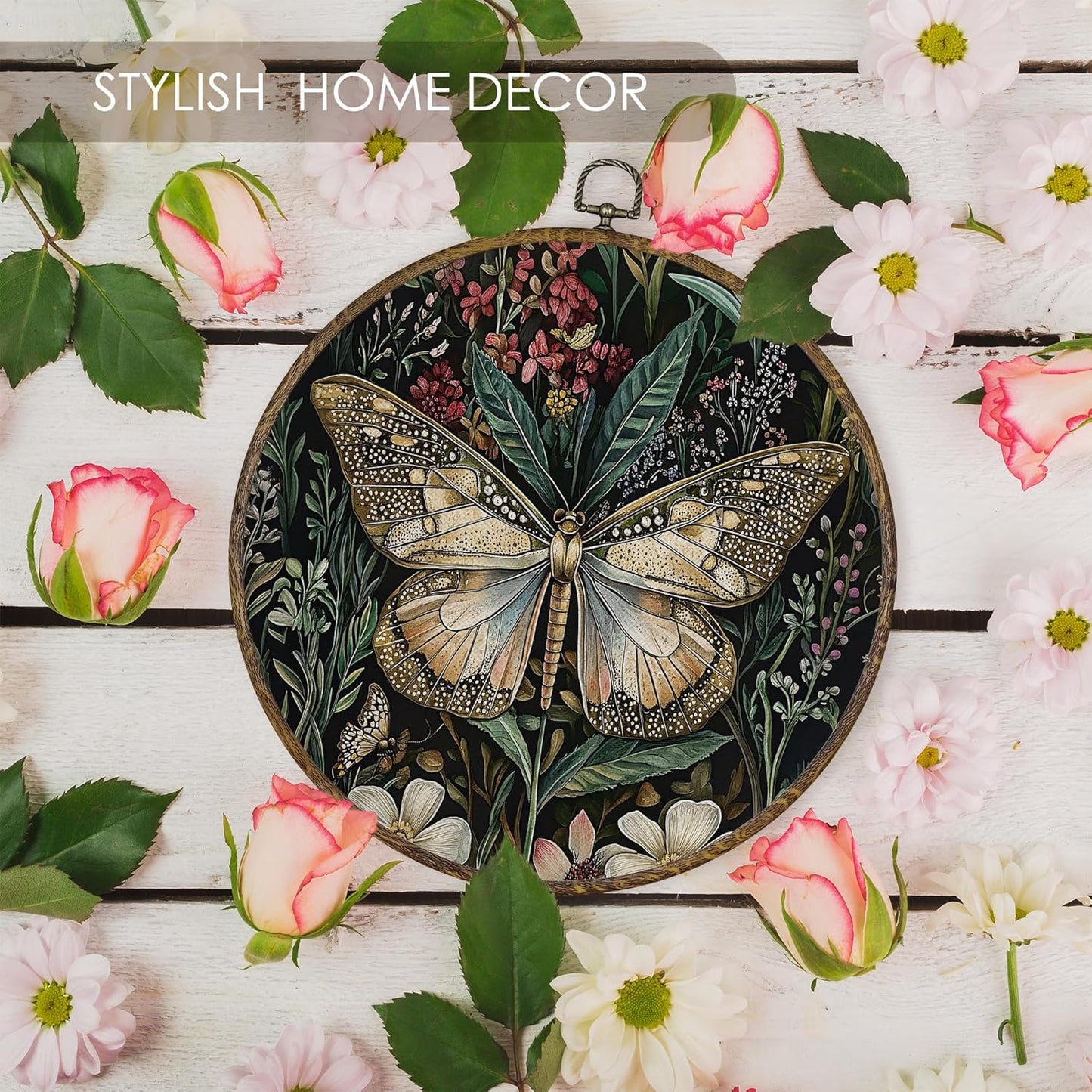 Fewgb Vintage Dark Moody Butterfly Round Wall Art Decor Framed for Bedroom Kitchen, Dark Cottagecore Academia Canvas Wall Art Prints Picture, Gothic Botanical Hanging Room Decor Artwork 10x10