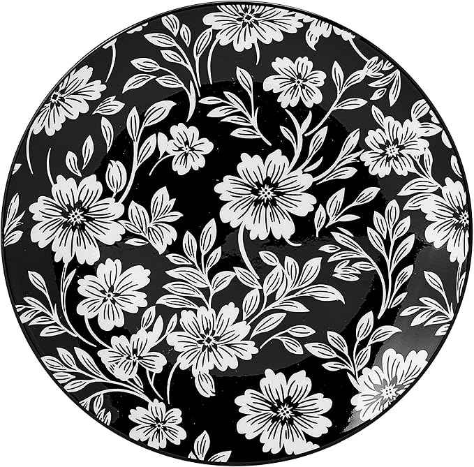 Pfaltzgraff Midnight Blooms 12 Piece Floral Stoneware Dinnerware Plate Bowl Dish Set, Service for 4, Black