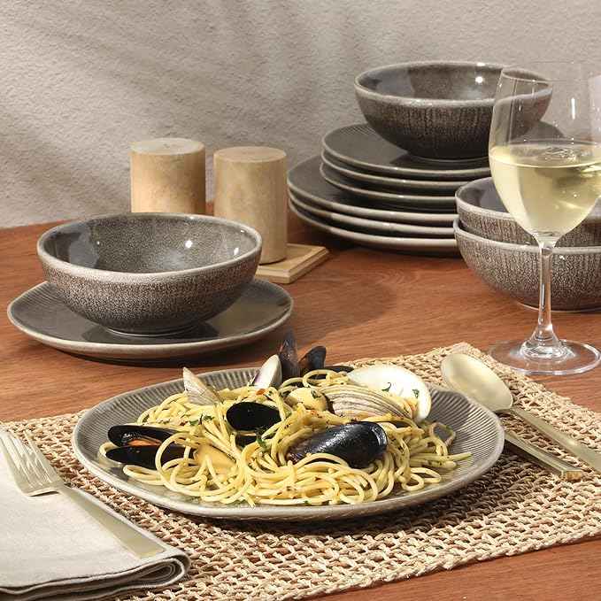 Gibson Elite Sandy Pines Stoneware Plates and Bowls Set - 12 Piece Reactive Glaze Dinnerware Set - Service for 4 - Dishwasher and Microwave Safe - Brown