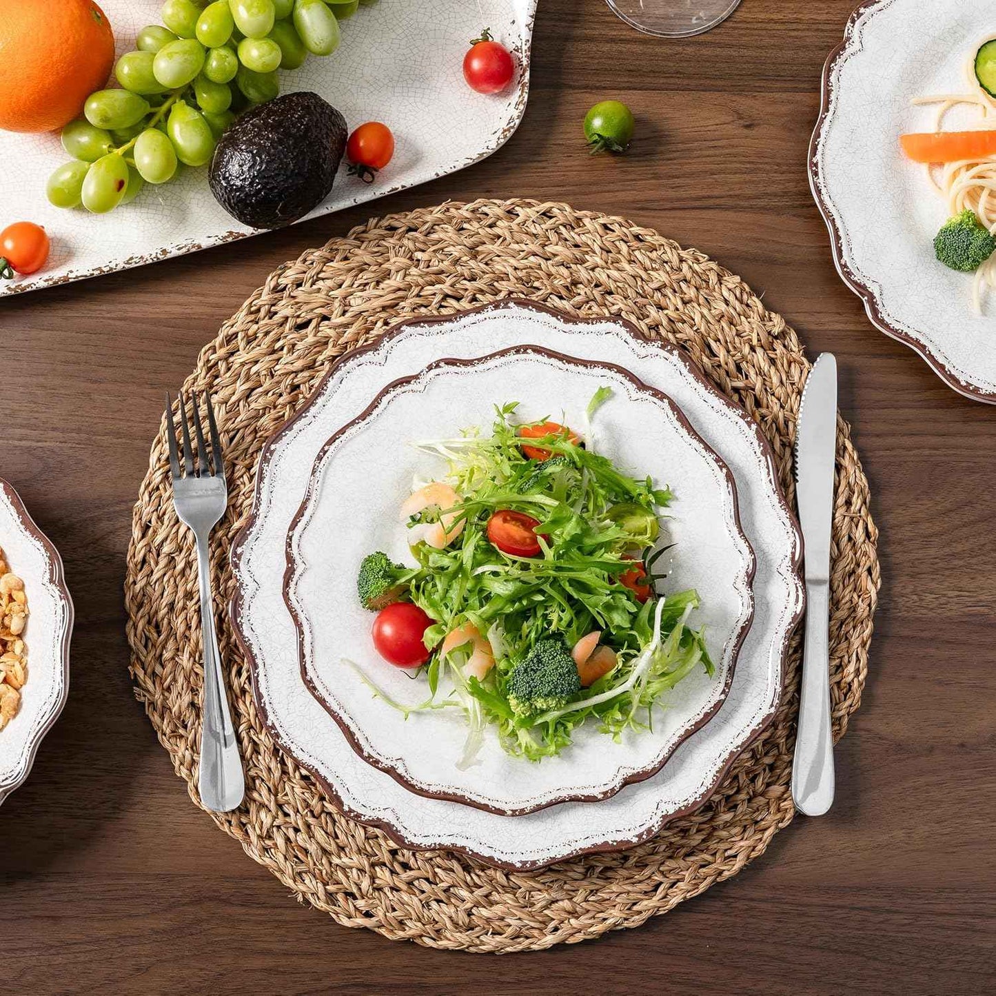 LEHAHA Farmhouse White Melamine Dinnerware Sets, 12 Piece Plates and Bowls Set, Perfect Weight and Unbreakable Camping Dishes Dinnerware Sets, Service for 4, Indoor and Outdoor Use, Dishwasher Safe