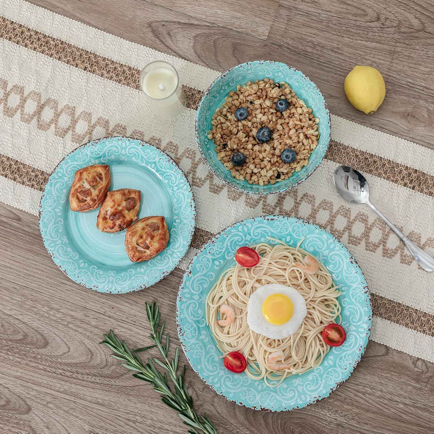 12-Piece Farmhouse Dinnerware Set, set of 4, 100% Melamine Dishes Serving Set with Plates and Bowls, Non-breakable and Lightweight Dinner Set for indoor and outdoor entertaining, Light Teal