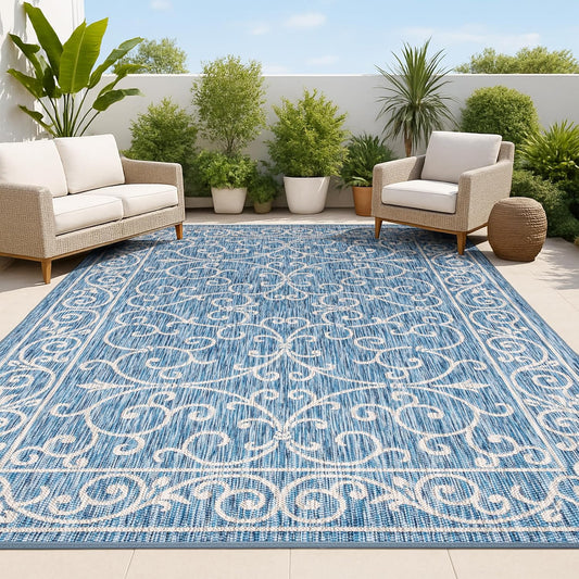 JONATHAN Y Vintage Filigree Indoor Outdoor Area Rug 9X12 Navy/Gray, Charleston Textured Weave for Backyard, Patio, Porch, Easy-Cleaning, High Traffic, Pet-Friendly, Non-Shedding (SMB106D-9)