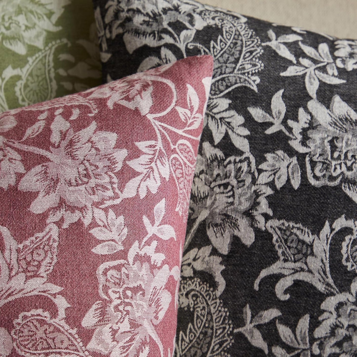 Floral Jacquard Throw Pillow Covers Set of 2, Background/Charcoal 24x24 Inch, Farmhouse Decorative Cotton Dark Grey Cushion Covers for Sofa Bed Living Room Home Decor