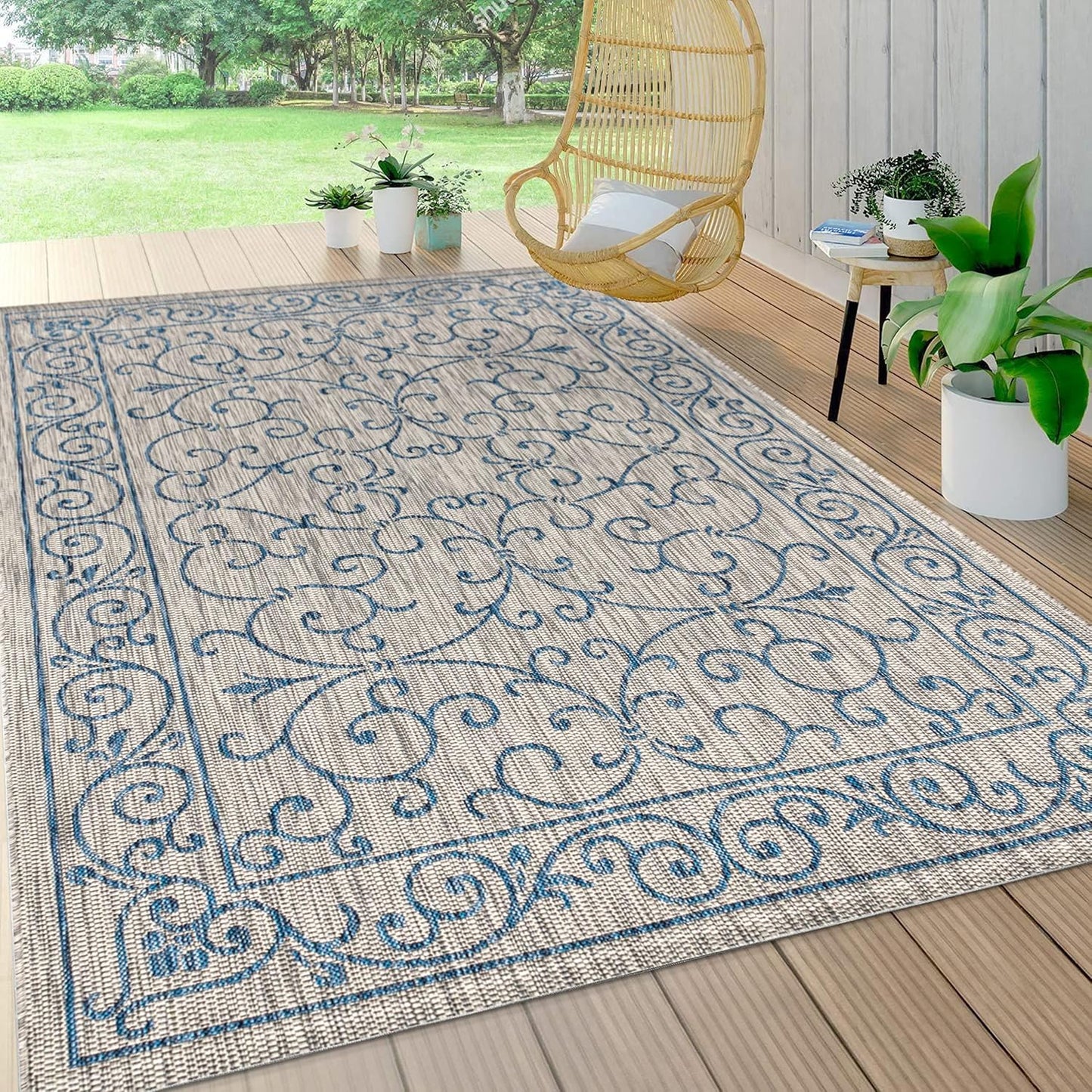 JONATHAN Y Vintage Filigree Indoor Outdoor Area Rug 6X9 Gray/Navy, Charleston Textured Weave for Backyard, Patio, Porch, Easy-Cleaning, High Traffic, Pet-Friendly, Non-Shedding (SMB106C-6)