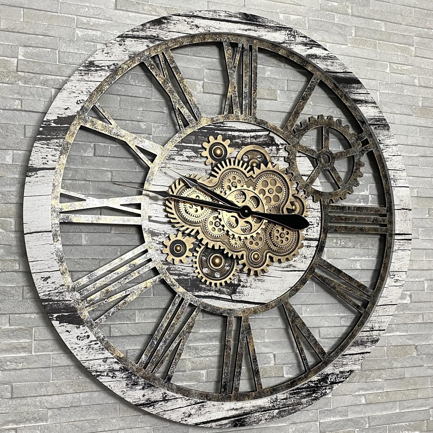The Gears Clock 36'' Inch Real Moving Gear Wall Clock Vintage Industrial Oversized Rustic Farmhouse (Vintage Grey and White)