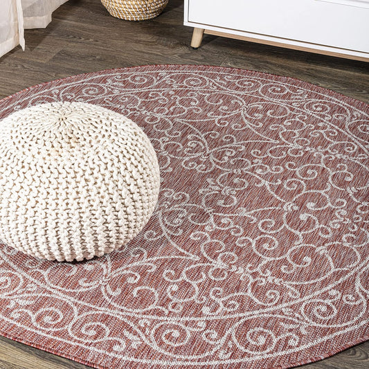 JONATHAN Y Vintage Filigree Indoor Outdoor Round Area Rug 4 Ft Red/Beige, Charleston Textured Weave for Backyard, Patio, Porch, Easy-Cleaning, High Traffic, Pet-Friendly, Non-Shedding (SMB106B-4R)