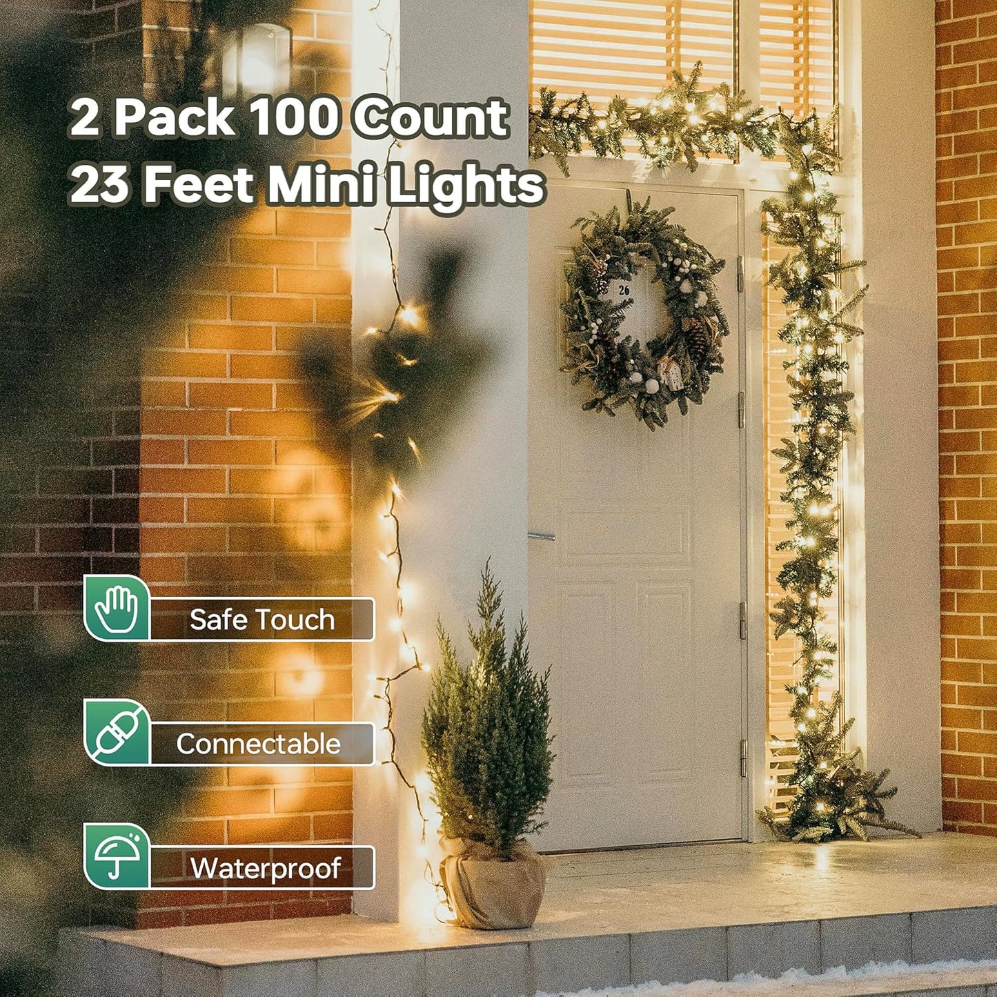 YOUNGAR Christmas Clear Outdoor Lights, 2 Pack 23FT 100 Green Wire Connectable Incandescent Mini UL Approved Tree Light for Xmas Home Patio Holiday Party Garden Decor (Warm White)