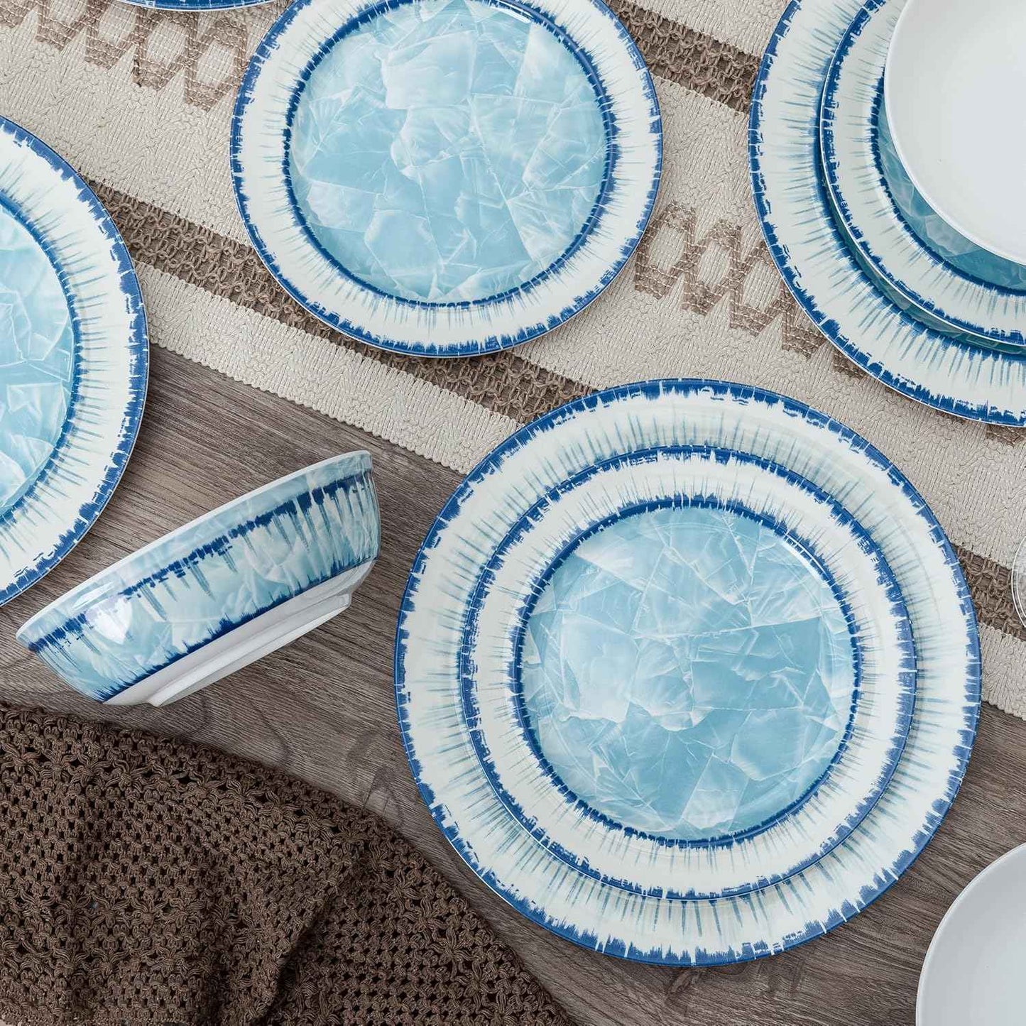 12 Piece Melamine Plates and Bowls Dinnerware Set, Lightweight Unbreakable Modern Dishes Set Great for Outdoor Camping & Everyday Use, Service for 4, BPA Free, Light Blue
