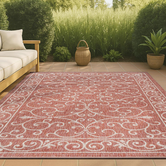 JONATHAN Y Vintage Filigree Indoor Outdoor Area Rug 4X6 Red/Beige, Charleston Textured Weave for Backyard, Patio, Porch, Easy-Cleaning, High Traffic, Pet-Friendly, Non-Shedding (SMB106B-4)