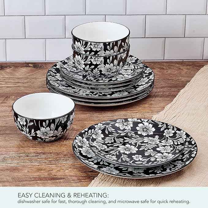 Pfaltzgraff Midnight Blooms 12 Piece Floral Stoneware Dinnerware Plate Bowl Dish Set, Service for 4, Black