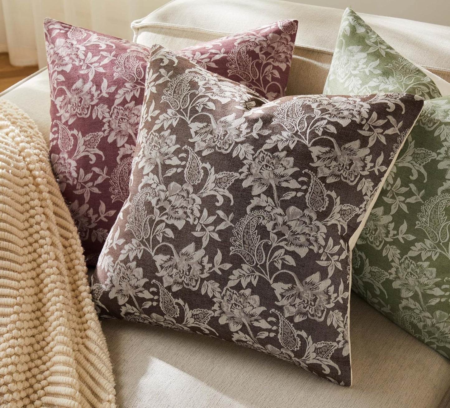 Floral Jacquard Throw Pillow Covers Set of 2, Background/Chocolate 18x18 Inch, Farmhouse Decorative Cotton Dark Brown Cushion Covers for Sofa Bed Living Room Home Decor