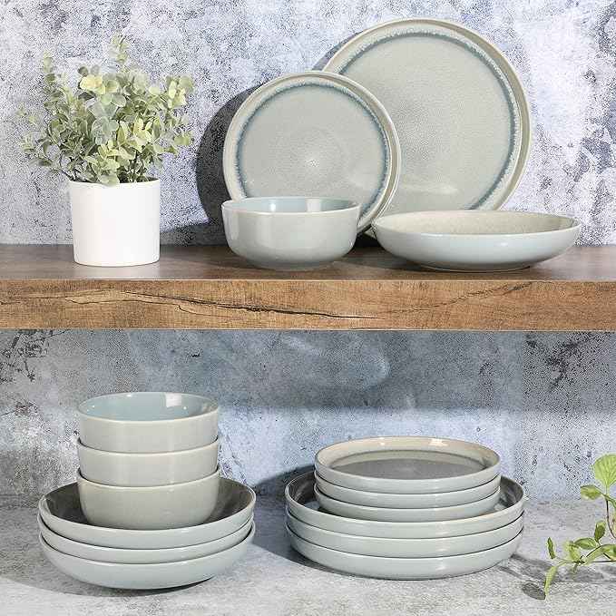 Gibson Elite Juno Moon 16-Piece Reactive Blue Double Bowl Dinnerware Set – Durable Stoneware Plates and Bowls