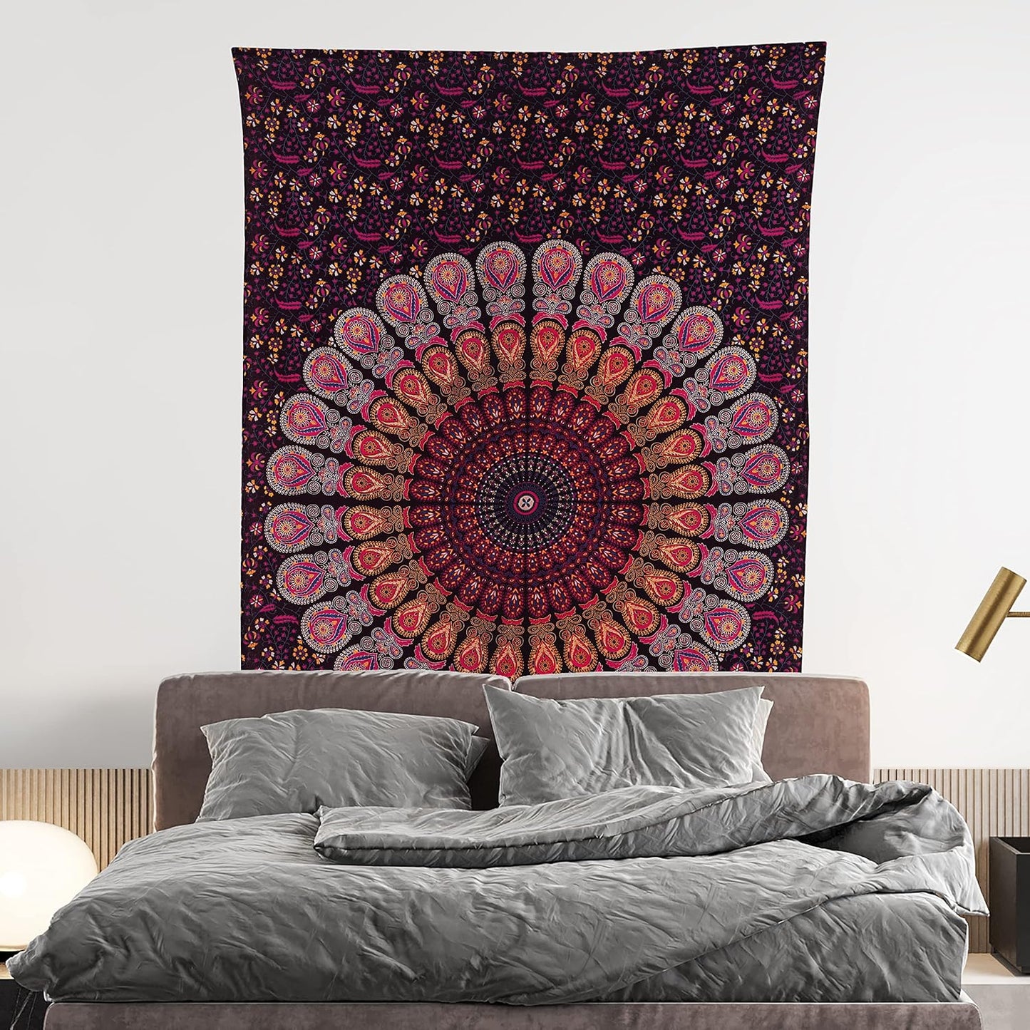 Bless International Handmade Indian hippie Bohemian Psychedelic Peacock Mandala Wall hanging College Dorm Beach Throws Table Cloth Bedding Tapestry (Golden Pink Blue, Medium(54x60Inches)(137x152cms))