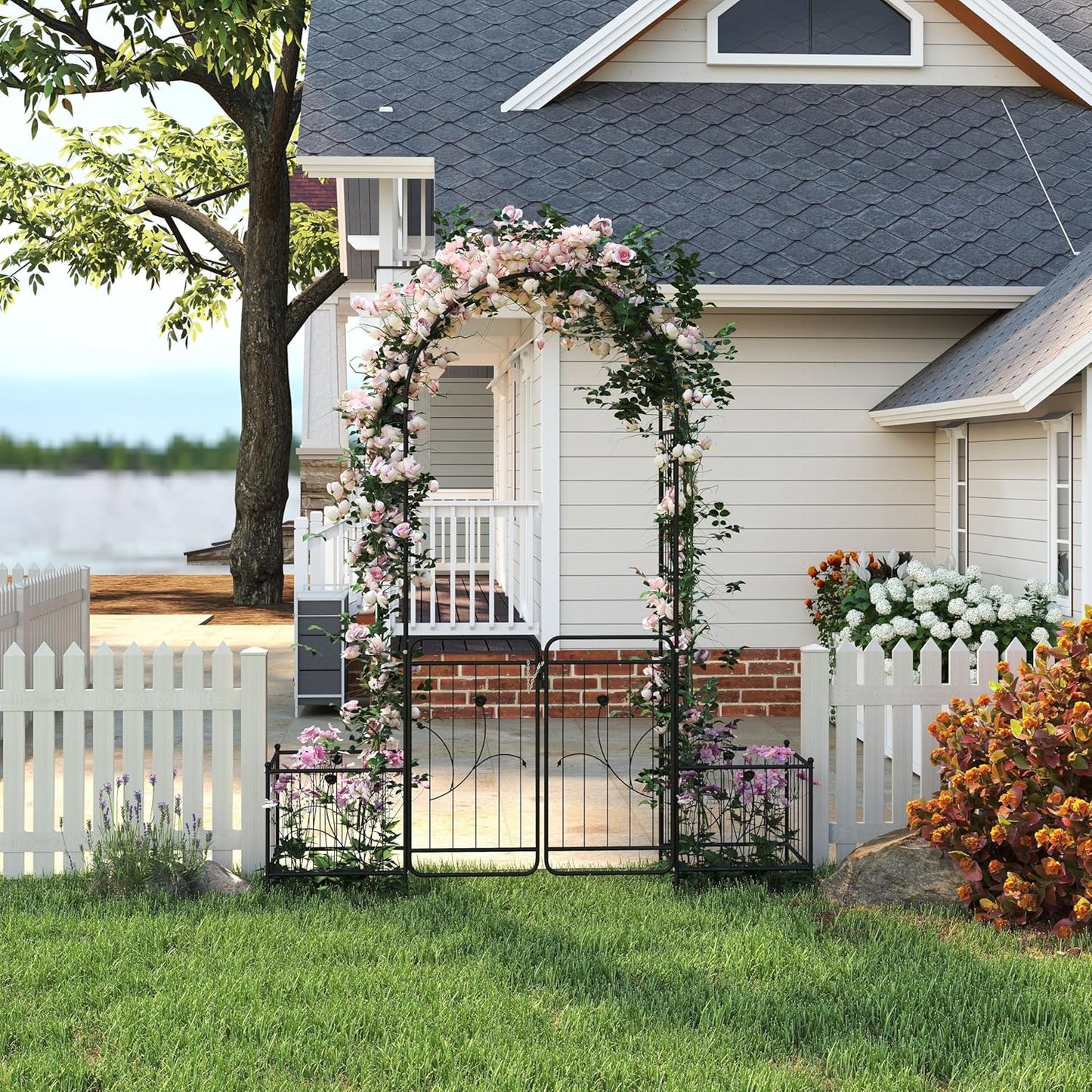 86.6" H Metal Garden Arbor with Gate & Planter Boxes, Black Arch Trellis for Climbing Plants Roses Vines, Outdoor Wedding Archway for Lawn Patio Backyard