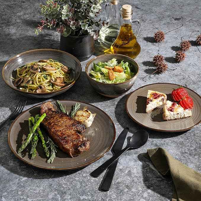 Gibson Elite 16 Piece Dreamweaver Double Bowl Terracotta Reactive Dinnerware Set - Earthy Brown, Service for 4 (16pcs)