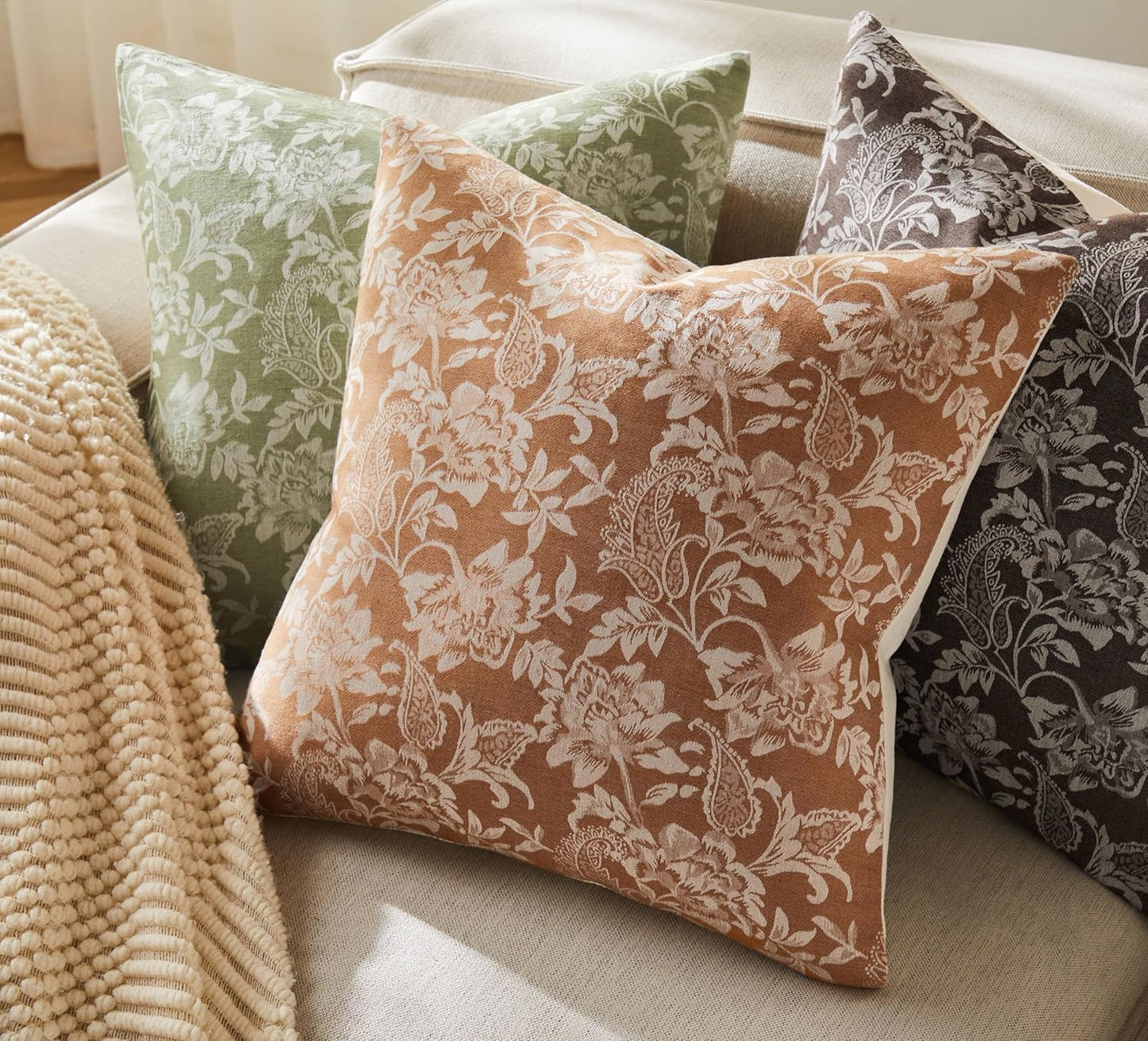 Floral Jacquard Throw Pillow Covers Set of 2, Background/Caramal 18x18 Inch, Farmhouse Decorative Cotton Caramal Cushion Covers for Sofa Bed Living Room Home Decor