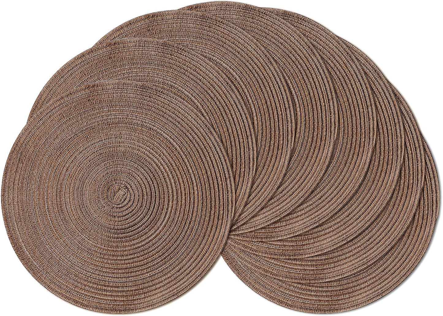 Leetaltree Round Placemats Heat and Slip Resistant Cotton Table Mats, Washable Bohemian Placemats for Dining Tables (Brown, Set of 8)